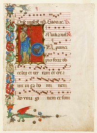 music sheet with inset standing figure with the world against red ground at UL with L and bottom borders painted decoratively; recto elaborate historiated initial 'I' God created the world; also border decoration with dragon and bird. Original from the Minneapolis Institute of Art.