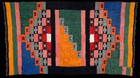 nine strips sewn together; strips attached to create stepped designs of pile areas, black and white crosses, red and white bars and stripe pattern in multicolors. Original from the Minneapolis Institute of Art.