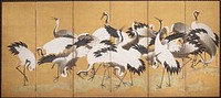 Flock of white and grey cranes against gold ground standing and preening. Original from the Minneapolis Institute of Art.