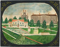 primitive "schoolgirl" drawing of seminary and school grounds with brick buildings and white building, gazebos and sheds; black oval border with yellow flowers in corners. Original from the Minneapolis Institute of Art.