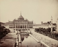 central domed building with spires and arches; canal center foreground to building; bridge across canal; three figures at L between bridge and building; leaf from a portfolio (?). Original from the Minneapolis Institute of Art.