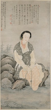 Woman seated on rocks, wearing long vest-like garment in grey with stylized floral designs and a skirt with design of cranes in octagons; woman wears peal hoop earring; bamboo at left and right; text at top. Original from the Minneapolis Institute of Art.