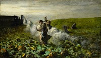 train at L and four fieldworkers at center and R; workers are gathering pumpkins in a field. Original from the Minneapolis Institute of Art.