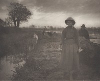 woman wearing a hat and ankle-length skirt, pulling a barrow of hay; man behind barrow; two other figures in middle ground, center. Original from the Minneapolis Institute of Art.