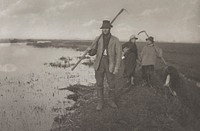 standing man on the bank of a marsh, wearing a hat, boots and coat, with a sickle; woman with jug and another man with sickle behind first man; third man tying his shoe at R. Original from the Minneapolis Institute of Art.