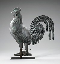 standing rooster; leaf-like delineated tail feathers; light-colored beak; green-black patina; stylized feet attached to metal sheet. Original from the Minneapolis Institute of Art.