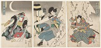 vertical ōban diptych; two images of the same actor separated by a white curtain with fragments of text in black with jagged torn edges, being ripped by sword of figure at left; figure at left holds one end of an extended scroll with a black horse at end; figure at right wears blue kimono with red flowers and blue patterned vertical stripes on pants; two rectangular cartouches with text in URC on b; round cartouche with text and one character at bottom center on a; round cartouche with text and three lines of text at bottom center on b; the letters on the white cloth may identify the title and scene of the play; c: awkwardly-positioned, slightly crouching figure with PL knee bent; figure wears a yellow necklace with many pendants, black kimono with blue irises, blue underkimono with white stars, blue leggings and red pants; crescent moon in sky; two rectangular cartouches with text in ULC; three lines of text and round cartouche with text in LRC. Original from the Minneapolis Institute of Art.