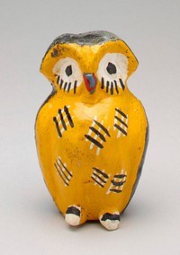 black and yellow ceramic owl; red beak, large white eyes; coin slot in top of head. Original from the Minneapolis Institute of Art.