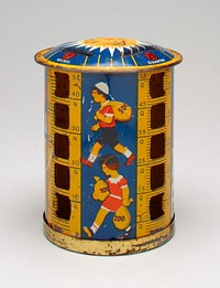 blue and yellow metal cylinder with pictures of children carrying and stacking coins on the sides; on top center is a sun with separate coin slots for pennies, nickels, dimes and quarters; sides have open windows to see coins. Original from the Minneapolis Institute of Art.