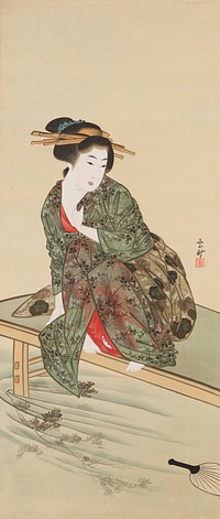 Woman crouching on a platform over water; woman wears green transparent leaf-printed garment over red undergarment; fan floating on water, LRC. Original from the Minneapolis Institute of Art.