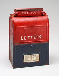 red and blue letterbox of metal with pull down mail slot at top and hours of collection on front. Original from the Minneapolis Institute of Art.