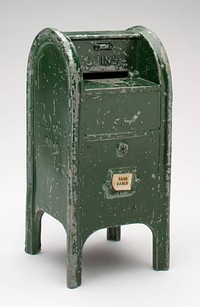 green standing mailbox; "U.S. Mail" on front and sides; "Save Early" on front where pick up times would be. Original from the Minneapolis Institute of Art.