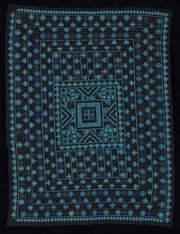 indigo fabric; cross-stitched in seven concentric bands around center square; color include blue, purple, brown and green. Original from the Minneapolis Institute of Art.