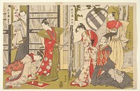 Two uncut chūban appearing as a pseudo-diptych; left image two standing men watching a woman kneeling behind a tray; right image a man in a long robe kneeling in front of a woman, a man in background holding a fan watches. Original from the Minneapolis Institute of Art.