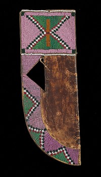 triangular cutout; top and curved side beaded with geometric stepped triangle design in greens, red, white and tan on pink ground. Original from the Minneapolis Institute of Art.