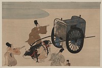 [Three men, possibly court officials, and two girls with a two-wheeled ox-cart]. Original from the Library of Congress.