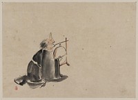 [A monk wearing a mask(?) with a horn, sitting on the ground, beating a drum (tsuri-daiko)]. Original from the Library of Congress.