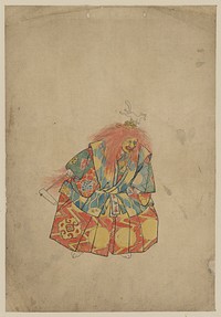 [A clown wearing colorful costume and mask, with wild hair and hat with animal on top, and holding a rattle]. Original from the Library of Congress.