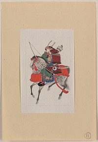 [Samurai on horseback, wearing armor and horned helmet, carrying bow and arrows]. Original from the Library of Congress.