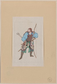 [Samurai, standing, facing left, wearing armor and holding a bow, also has arrows and a sword]. Original from the Library of Congress.