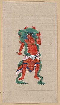 [Mythological Buddhist or Hindu figure, full-length, standing, facing front, with long green sash and flaming green halo behind his head]. Original from the Library of Congress.