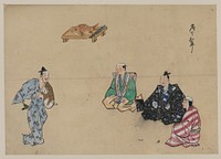 [Kyōgen play with four characters, two wear hats, one possibly portraying a woman; there is a fish with carving knife on tray in the background]. Original from the Library of Congress.