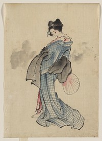 [Woman, full-length portrait, standing, facing left, holding fan in right hand, wearing kimono with check design]. Original from the Library of Congress.