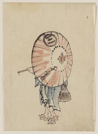 [A person walking to the left, mostly obscured by an open parasol carried over the shoulder, wearing kimono and geta, and carrying a bag in right hand]. Original from the Library of Congress.