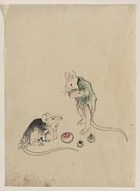 [Two mice, one lying on the ground with head resting on forepaws, the other is standing on hind legs with forepaws crossed, they are looking at each other, with three round objects on the ground between, possibly rice cakes]. Original from the Library of Congress.
