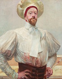 Self-portrait of artist Jacek Malczewski wearing a white traditional 19th century artist's smock (or smock-frock), a white neck scarf (a common garment for European men in the 18th and 19th century) and a wide white beret.