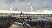 View from Sachsenhaeuser Berg (Mountain of Sachsenhausen) to the north, in the foreground staffage people clothed in late Biedermeier style, behind them to the left Sachsenhausen, in the middleground the Main with the Alte Bruecke (Old Bridge), the neo-classical Main front from the Schoene Aussicht (Beautiful View) with the Alte Stadtbibliothek (Old Municipal Library) in the east to the Mainkai (Main Quay) with the Saalhof to the Untermainkai (Lower Main Quay) with the Leonhardskirche (St. Leonard's Church) and the Untermaintor (Lower Main Gate) in the west, behind it the city with the looming cathedral and the spires of the Liebfrauenkirche (Church of our Lady), the Katharinenkirche (St. Catherine's Church), the Alte Nikolaikirche (Old St. Nicholas Church) and the Paulskirche (St. Paul's Church), in the background the Taunus