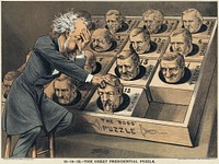 "The Great Presidential Puzzle": "Illustration shows Senator Roscoe Conkling, leader of the Stalwarts group of the Republican Party, playing a puzzle game. All blocks in the puzzle are the heads of the potential Republican presidential candidates, among them Grant, Sherman, Tilden, and Blaine. Conkling rests his head on one hand and the other on Blaine's "head" as though ready to move it to the empty space in the box." Chromolithograph. Parodies the famous 14-15 puzzle (the Rubik's cube of the 1880s).
