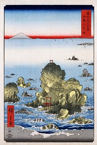 Ise futamigaura (Futami Bay in Ise Province). Ukiyo-e print shows the two large rocks (Meoto Iwa or "wedded rocks") just off the shore at Futamigaura, with a network of ropes, torii gate and shrine, with a view of Mount Fuji in the background. No. 27 in the series Fuji sanjūrokkei (Thirty-six views of Mount Fuji), 1858.