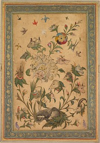 A floral fantasy of animals and birds (Waq-waq), early 1600s. India, Mughal. Opaque watercolor and gold on paper; page: 37.6 x 26.6 cm (14 13/16 x 10 1/2 in.). The Cleveland Museum of Art, Gift in honor of Madeline Neves Clapp; Gift of Mrs. Henry White Cannon by exchange; Bequest of Louise T. Cooper; Leonard C. Hanna Jr. Fund; From the Catherine and Ralph Benkaim Collection 2013.319Derived ultimately from a conflation of medieval Persian and Qur'anic sources, including descriptions of the mythical island of Waq-waq inhabited by half-plant/half-animal creatures, this extraordinary painting depicts a plant that brings forth animal life in multiple forms. Playfully rendered with animals both real and mythic and birds that seem to effervesce away as they break free of the stems, this brilliant rendition of a life-giving plant maintains its compositional integrity, even as it sprawls across the page. This painting was made to beguile courtly connoisseurs who would gather to admire the wondrous images in an imperial album.