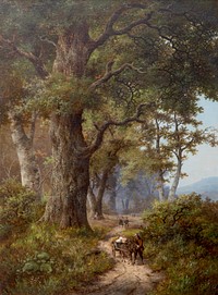 A painting by H.P. Koekkoek depicting a peasant leading a donkey cart in an extensive wooded landscape.