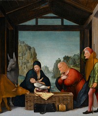 The adoration on the shepherds. The Virgin Mary kneels behind a reed basket holding the Christ child in her arms. To the right Joseph kneels while a shepherd stands behind him. To the left the ox and the ass. Through the stable there is a view onto a rocky landscape with a village and a castle.