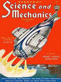 "Berlin to New York in less than One Hour!" written by Hugo Gernsback and illustrated by Frank R. Paul in the November 1931 issue of Everyday Science and Mechanics. (Volume 2, Number 12.) This proposed spaceship would reach an altitude 700 miles on its one hour trip from Berlin to New York. The article notes that "the tremendous acceleration of the flyer during the first few minutes makes things rather uncomfortable for the passengers." Artificial refrigeration would keep the passengers and ship from getting too hot on re-entry. A major problem to solve is the weight of the fuel required for the trip.Hugo Gernsback started his first magazine, Modern Electrics in 1908 and wrote his first "Science Fiction" story, "Ralph 124C 41+", in 1911. Gernsback started a dedicated science fiction magazine, Amazing Stories, in 1926. The World Science Fiction Society annual award for science fiction writing is the Hugo. Frank R. Paul began illustrating Gernsback's magazines around 1914 and became one of the leading science fiction artists.Science and Mechanics was started by Hugo Gernsback soon after he lost his Experimenter Publishing Company in 1929. Initially titled Everyday Mechanics, it became Everyday Science and Mechanics in 1931. Virgil Angerman purchased the magazine in 1937 and changed the title to Science and Mechanics. Curtis Publishing Company acquired a controlling interest in 1954 and the magazine was sold to Davis Publications in 1959. The magazine was published until 1984.This cover had soiling on the edges with a few minor folds, scratches and pencil marks. It was scanned with an Epson Perfection V500 scanner and saved as a 300 dpi tif file. The restoration was done in Adobe Photoshop Elements 5.0. The magazine size is 8.5 by 11.5 inches (215 by 290 mm).