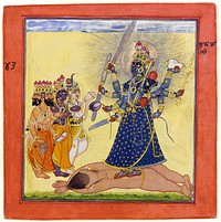 Goddess Bhadrakali worshipped by the three major gods of Hinduism, Brahma, Vishnu and Shiva (l->r)