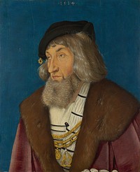 "This bold portrait is of an unknown sitter. The fur collar, the jewel on the cap and the heavy gold chains indicate that he was a man of some wealth. The two badges on the chain can be identified and suggest that he may have been a Swabian and was probably of noble birth. At the bottom of the portrait the top of his puffed white sleeve is just visible. It is probable that the picture has been cut down, and originally showed more of the arm. Baldung is thought to have worked in Albrecht Dürer's workshop; his portraits tend to be less psychologically penetrating than Dürer's. In this work visual display is emphasised. The sweeping lines of hair and curling beard are set off by the flat expanse of face and shirt. The whole is electrified by the bold background colour. The badge showing the Virgin and Child is that of the Order of Our Lady of the Swan. This confraternity, founded by the Elector Frederick II of Brandenburg, admitted only those of noble birth. The other badge belongs to the Fish and Falcon jousting company of Swabia, a knightly organisation." (Citation from National Gallery)
