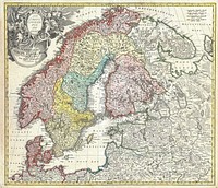 A detailed c. 1730 J. B. Homann map of Scandinavia. Depicts both Denmark, Norway, Sweden, Finland and the Baltic states of Livonia, Latvia and Curlandia. The map notes fortified cities, villages, roads, bridges, forests, castles and topography. The elaborate title cartouche in the upper left quadrant features angels supporting a title curtain and a medallion supporting an alternative title in French, Les Trois Covronnes du Nord . Printed in Nuremburg. This map must have been engraved before 1715 when Homann was appointed Geographer to the King. The map does not have the cum privilegio (with privilege; i.e. copyright authority given by the Emperor) as part of the title, however it was included in the c. 1750 Homann Heirs Maior Atlas Scholasticus ex Triginta Sex Generalibus et Specialibus…. as well as in Homann’s Grosser Atlas .