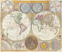 An absolutely stunning and monumental double hemisphere wall map of the world by Samuel Dunn dating to 1794. This extraordinary map is so large and so rich in detail that it is exceptionally challenging to do it full justice in either photographic or textual descriptions. Covers the entire world in a double hemisphere projection. The primary map is surrounded on all sides but detailed scientific calculations and descriptions as well as northern and southern hemisphere star charts, a map of the Moon, a Latitude and Longitude Analemma chart, a map of the Solar System, a Mercator projection of the world, an Analemma projection, a seasonal chart, a universal scale chart, and numerous smaller diagrams depicting planets and mathematical systems. All text is in English. We will start our survey of this map in North America, much of which was, even in 1794, largely unknown. This map follows shortly after the explorations of Captain Cook in the Arctic and Pacific Northwest, so the general outline of the continent is known. However, when this map was made, few inland expeditions had extended westward beyond the Mississippi. This map notes two separate speculative courses for the apocryphal River of the West, a northern route extending from Lake Winnipeg and a southern route passing south of Winnepeg through Pike's lake. The River of the West was hopeful dream of French and English explorers who were searching for a water passage through North America to the Pacific. In concept, should such a route be found, it would have become an important trade artery allowing the British and French, who's colonies dominated the eastern parts of North America, to compete with the Spanish for control of the lucrative Asia-Pacific trade. Little did these earlier speculative cartographers realize the bulk of the Rocky Mountains stood between them and their dreams! Slightly south of the Rivers of the West, we find the kingdom of Quivira, which is one of the lands associated with Spanish legends of the Seven Cities of Gold. In this area we can also find Drake's Harbor or Port de la Bodega and Albion. Drake's Harbor is where Sir Francis Drake supposedly landed during his circumnavigation of the globe in 1580. Drake wintered in this harbor and used the abundant resources of the region to repair his ships. He also claimed the lands for England dubbing them New Albion. Although the true location of Drake's port is unknown, most place it much further to the north. By situating it and consequently New Albion further to the south, Dunn is advocating a British rather than Spanish claim to this region. On the Eastern coast of North America we find a fledgling United States extending from Georgia to Maine. Dunn names Boston, New York, Charleston, Long Island, and Philadelphia, as well as the important smaller towns of Jamestown, Williamsburg and Edonton. South America exhibits a typically accurate coastline and limited knowledge of the interior beyond Peru and the populated coastlands. A few islands are noted off the coast, including the Galapagos, which are referred to as the Inchanted Islands. The Amazon is vague with many of its tributaries drawn in speculatively. Dunn and d'Anville have done away with the popular representation of Manoa or El Dorado in Guyana, but a vestigial Lake Parima is evident. Further south, the Laguna de los Xarayes, another apocryphal destination, is drawn at the northernmost terminus of the Paraguay River. The Xaraiés, meaning Masters of the River were an indigenous people occupying what are today parts of Brazil's Matte Grosso and the Pantanal. When Spanish and Portuguese explorers first navigated up the Paraguay River, as always in search of El Dorado, they encountered the vast Pantanal flood plain at the height of its annual inundation. Understandably misinterpreting the flood plain as a gigantic inland sea, they named it after the local inhabitants, the Xaraies.