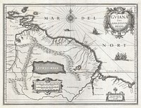 This is G. Blaeu's remarkable c. 1635 map of the northeastern parts of South America , Lake Parima (Parime Lacus), and the route to El Dorado. Blaeu initially issued this map in 1630 and variants were published well in to the 1660s. This example dates to the 1635 German edition of Blaeu's atlas. The map covers from Isla Margarita and the Orinoco Delta eastward as far as Tampico and southwards as far as the Amazon River. This region of South America generated considerable European interest in the early 17th century following the publication of Sir Walter Raleigh's fascinating Discovery of the Large, Rich, and Beautiful EMPIRE Of GUIANA . Raleigh's expedition traveled down the Orinoco River in search of the Kingdom of El Dorado. Today we know that El Dorado did not exist, but was rather an amalgam of very real tribal traditions and the European lust for gold. Nonetheless, in the 16th century, tales of El Dorado were common conversation along the port cities of the Spanish Main. Having explored a considerable distance down the Orinoco, Raleigh's expedition found itself mired in a remote tribal village at the onset of the rainy season. While waiting for an opportunity to return north, a trading delegation arrived. At this time the dominate trading empire in the Amazon were the Manoa, who, though based near modern day Manaus, pursued trade routes to from the foothills of the Andes to the Amazon and Orinoco Deltas. While the rainy season prevented Raleigh from moving forward, for the Manoa it had the opposite effect. The heavy rains inundated the vast Parima flood plain creating a great inland sea, consequently opening an important trade connection between the Amazon and Orinoco Rivers. When the Manoa arrived, Raleigh and his men noticed that they had various golden trinkets for sale. This was apparently enough for Raleigh to deduce that they must indeed be from the hidden kingdom of El Dorado. When Raleigh asked where the traders came from, the locals, with no common language with which to engage Raleigh, could only explain that they traveled across a great water and were from Manoa. Raleigh's presumptuous narrative inspired many early cartographers to map this massive lake, with the city of El Dorado or Manoa on its shores, in the unexplored lands between the Orinoco and Amazon River basins. In addition to Blaeu's fascinating depiction of Lake Parima, among the most prominent such in any mapping of this region, there are also a number of attractive decorative elements. Three sailing ships ply the waters and just under the compass rose a scary looking sea monster swims toward shore. A decorative baroque title cartouche appears in the upper right quadrant and, at the bottom of the map, to small cartouches frame a distance scales and Blaeu's signature. Uncolored as issued.