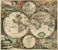 World map - Produced in AmsterdamFirst edition : 1689. Original size : 48.3 x 56.0 cm. Produced using copper engraving. Extremely rare set of maps, only known in one other example in the Amsterdam University. No copies in American libraries. In original hand color.