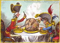 The Plumb-pudding in danger, or, State epicures taking un petit souper. The great Globe itself and all which it inherit [sic], is too small to satisfy such insatiable appetites.Js. Gillray, inv. & fecit.SUMMARY: William Pitt, wearing a regimental uniform and hat, sitting at a table with Napoleon. They are each carving a large plum pudding on which is a map of the world.Pitt's slice is considerably larger than Napoleon's.MEDIUM: 1 print : etching, hand-colored.CREATED/PUBLISHED: London : H. Humphrey, 1805 February 26.According to Wright & Evans, Historical and Descriptive Account of the Caricatures of James Gillray (1851, OCLC 59510372), p. 240, "The new Emperor, and his opponent the English Minister, helping themselves—one taking the land, the other the sea. On the overtures made by the new Emperor for a reconciliation with England in the January of 1805."