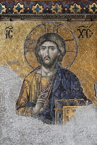 The Christ Pantocrator of the deesis mosaic (1261), in Hagia Sophia.
