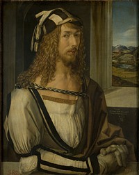 Dürer painted himself half-length and slightly turned, beside a window that opens onto a mountainous landscape. Dürer painted himself with an open black and white doublet with a striped cap, an undershirt trimmed with gold and a silk cord of blue and white threads holding up a grey-brown cloak that falls over his right shoulder and grey kidskin gloves. He wears long hair and is shown in half-length three-quarter view. The choice of elegant, aristocratic clothing and the severe gaze he directs at the viewer with haughty serenity indicate Dürer’s wish to show off his social standing.This work is outstanding for its rich details, the meticulous treatment of qualities, and its brilliant, gold-toned color scheme, all of which complement an impeccably precise drawing.His satisfaction with his own artistic capacity is manifest in the German inscription on the window ledge, which reads: “1498, I painted it according to my figure. I was twenty-six years old Albrecht Dürer.”