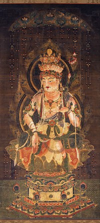 Eleven-faced Goddess of Mercy (絹本著色十一面観音像, kenpon choshoku jūichimen kannonzō). Hanging scroll. Color on silk, 168.8 cm × 89.6 cm (66.5 in × 35.3 in). Located in the Nara National Museum, Nara, Japan. This item has been handed down in Hokki-ji and selected as National Treasure in the category "paintings".