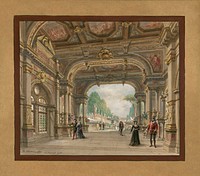 Les Huguenots: sketch of the opera set for the first act (1896). Pen, watercolour and gouache; 380 x 442 mm. For the Théâtre national de l'Opéra - Palais Garnier production of 7 June 1897. See also File:Meyerbeer Huguenots ActI maquette AugusteRubéPhilippeChaperon.jpg, a model of the set.