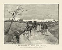 Picture of the funeral procession of King Alfonso XII of Spain to Madrid. Text reads: "LA MORT D'ALPHONSE — translation du corps du roi a Madrid. D'après les croquis de M. Campuzano, correspondent de l'Illustration"