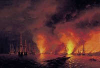 I. K. Aivazovsky’s The Battle of Sinop on 18 November 1853 (Night after Battle). 1853. Oil on canvas. 220 × 331 cm. Central Naval Museum, St. Petersburg, Russia.An Episode from the Crimean War of 1853-1856. The Sinop battle took place on 18 November 1853 in the old style (30 November) between the Russian and Turkish squadrons in the Turkish port of Sinop, near the southern coast of the Black Sea. It ended with the destruction of 15 of the 16 Turkish ships and a devastating fire in the city. The Russian fleet lost no ships. This was the last major battle in the history of sail fleets, and the first battle, in which the Paixhans explosive shell guns were used.